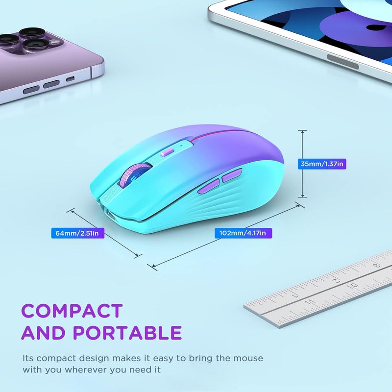 RAPIQUE Bluetooth Wireless Mouse, Rechargeable Slient Multi-Device Computer Mice (Tri-Mode: BT1/2+2.4Ghz) with USB Receiver, Ergonomic Cordless Mouse for Laptop/MacBook/PC/iPad(Mint Green to Purple) - Image 5